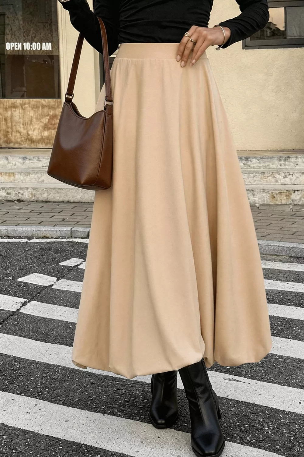 High-Waisted A-Line Midi Skirt - Tan - View 6