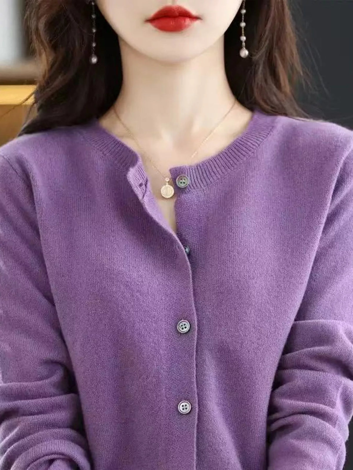 Crew-Neck Button-Down Cardigan - Purple - View 63