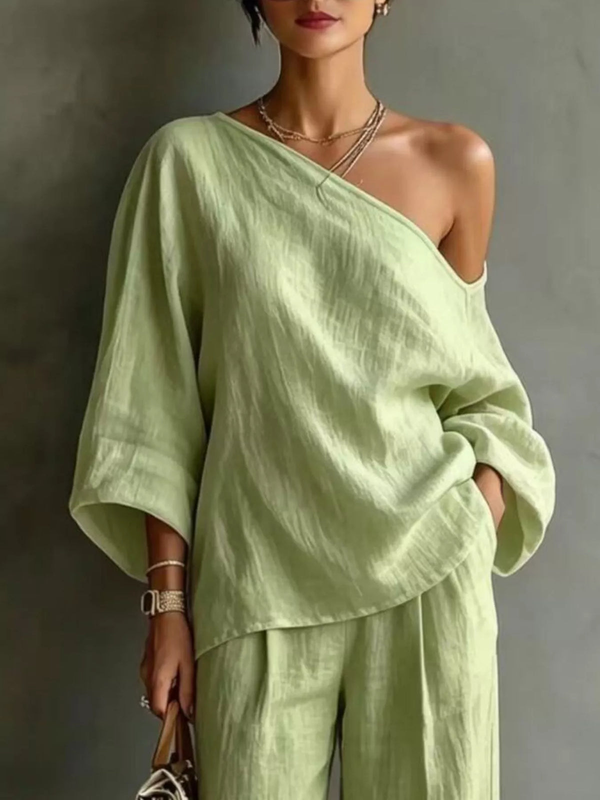 One Shoulder Top and Wide Leg Pants Set - Lime - View 2