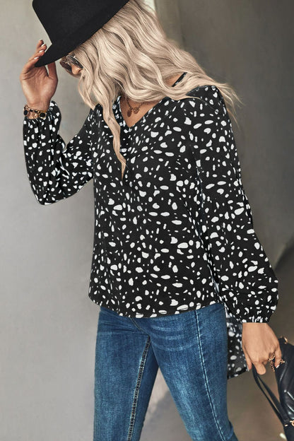 Animal Print V-Neck High-Low Blouse - Black - View 7