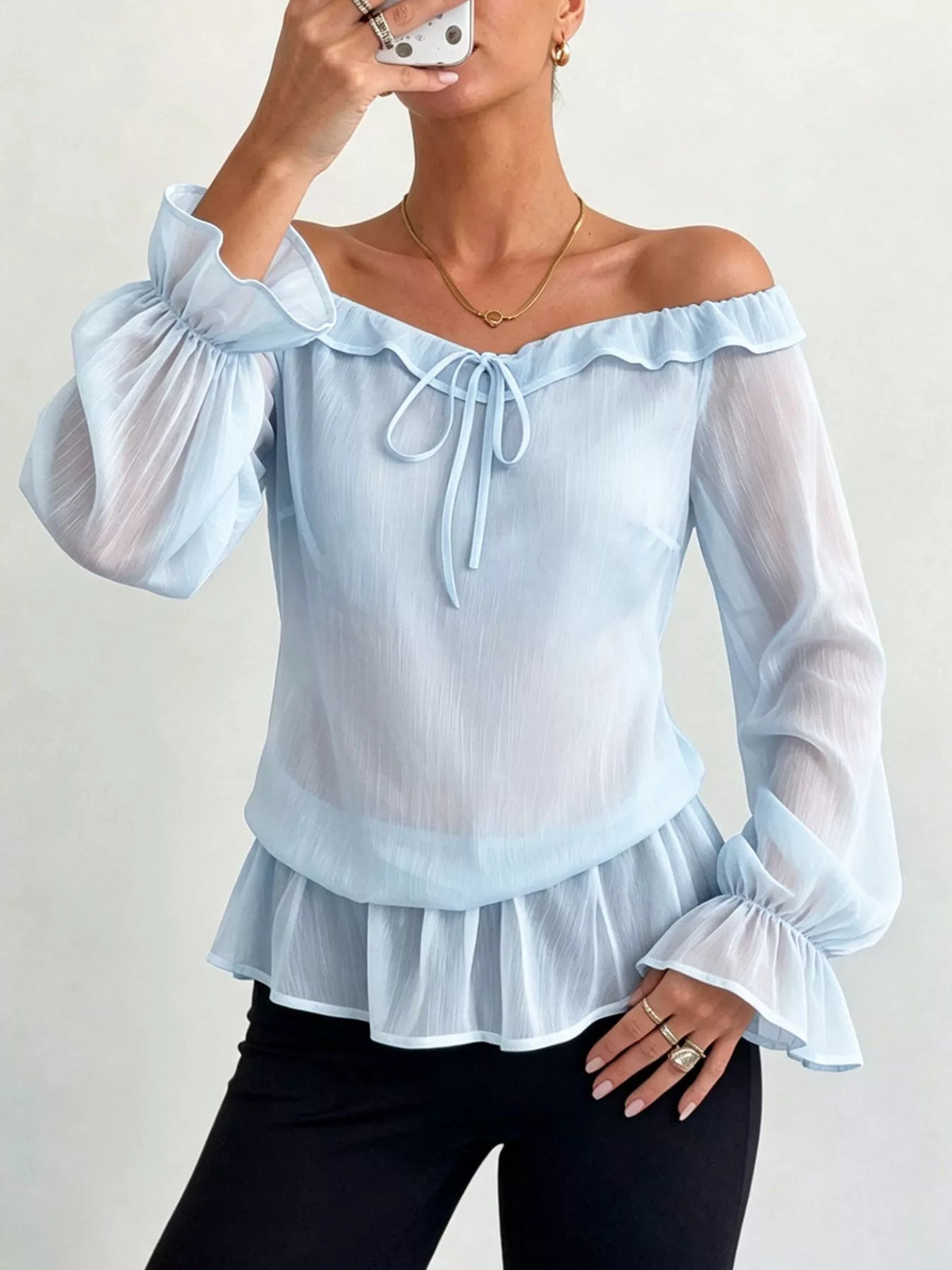 Off-Shoulder Flounce Sleeve Chiffon Blouse - Sky Blue - View 2