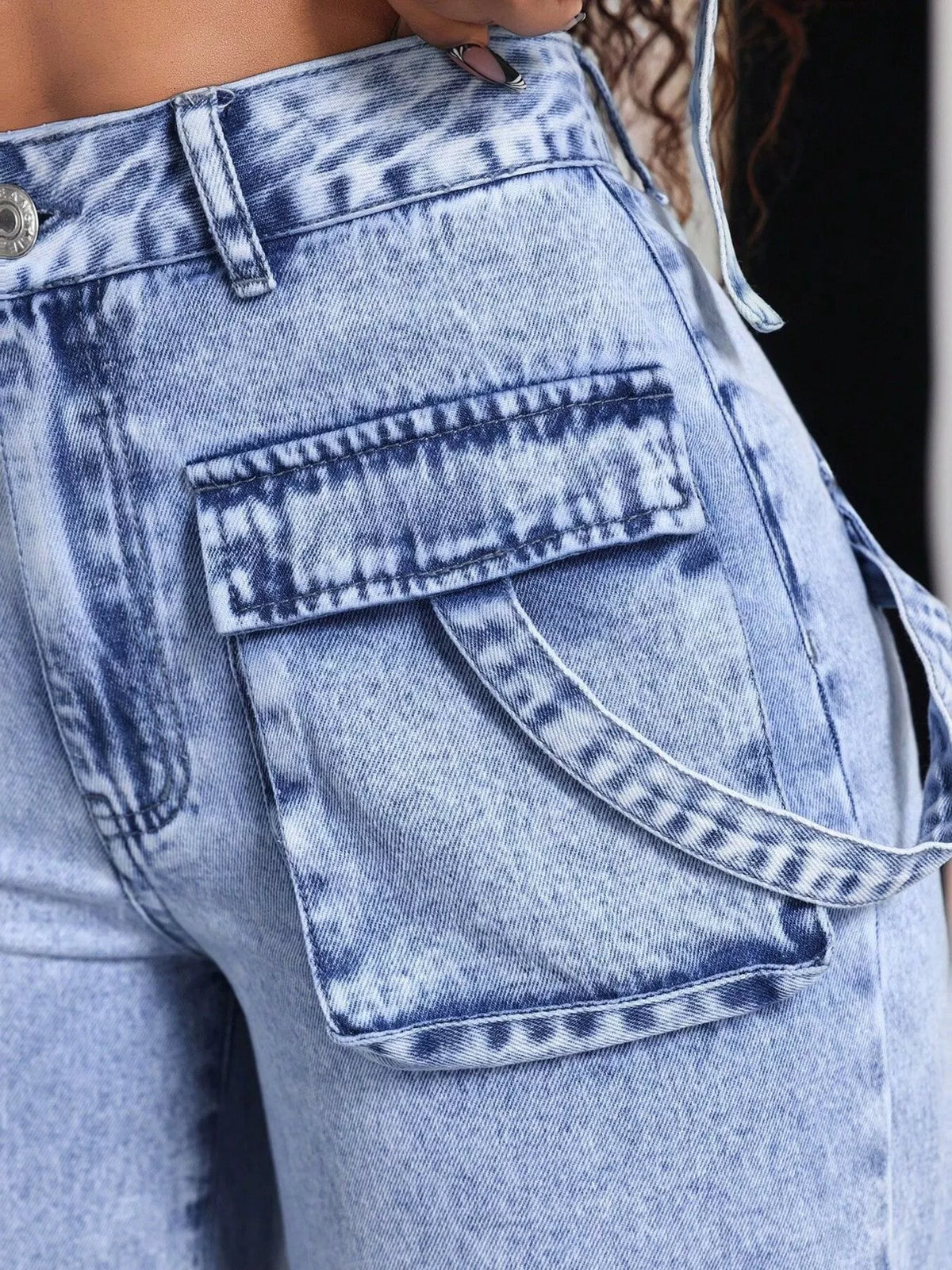 High-Waisted Wide-Leg Cargo Jeans - Blue - View 4