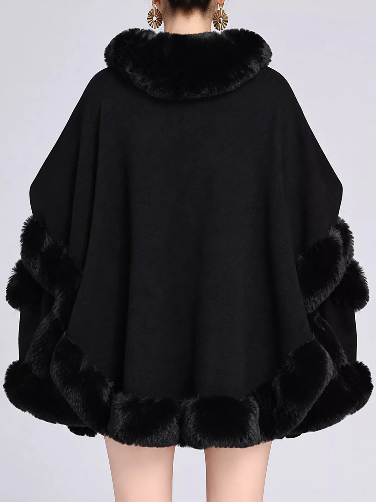 Faux Fur Trimmed Hooded Cape - Black - View 16