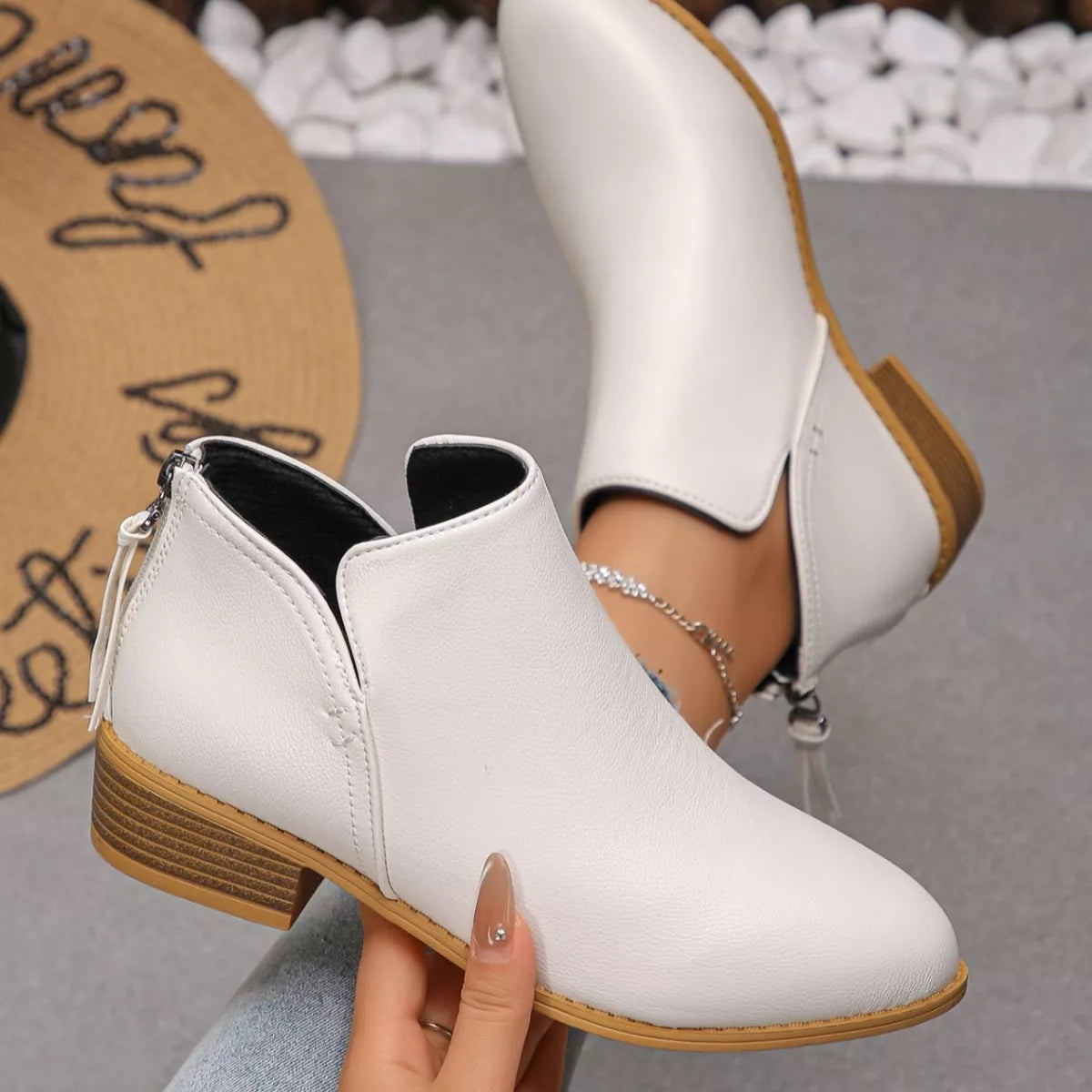 Point Toe Block Heels Boots - White - View 12