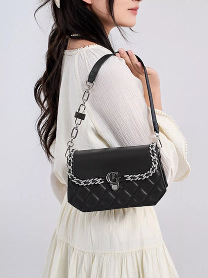 Quilted PU Leather Crossbody Bag with Rhinestone Decor - Black - View 11