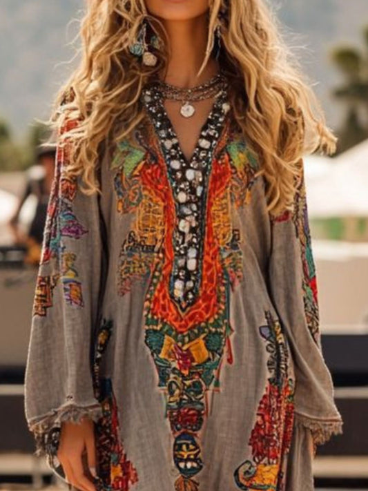 Fringe Hem Notched Long Sleeve Dress - product photo 2