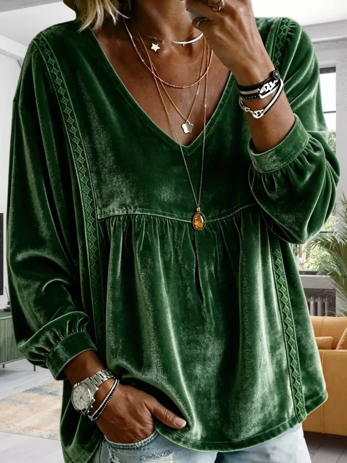 Full Size Velvet Lace Detail V-Neck Blouse Plus Size - Dark Green - View 19
