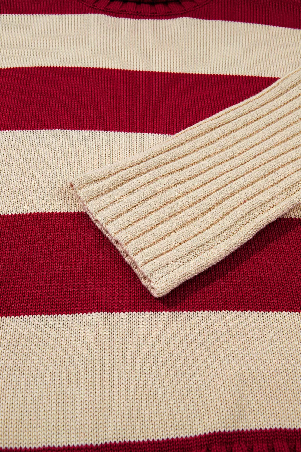 Stripe Ribbed Trim High Neck Relaxed Pullover Sweater - Burgundy - View 10