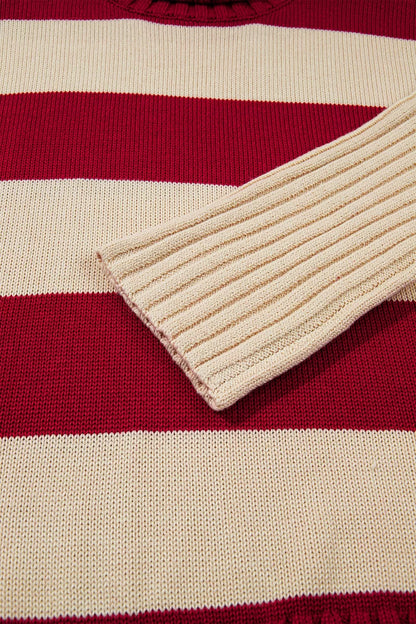 Stripe Ribbed Trim High Neck Relaxed Pullover Sweater - Burgundy - View 10