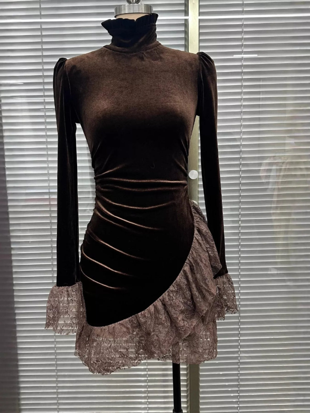 Velvet Mock Neck Mini Dress with Lace Ruffle Trim - Brown - View 3