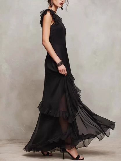 Sheer Ruffle Trim Maxi Dress - Black - View 4