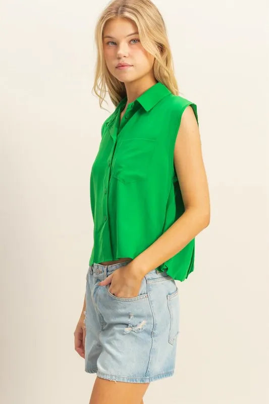HYFVE Buttoned Front Sleeveless Collar Shirt - KELLY GREEN - View 2