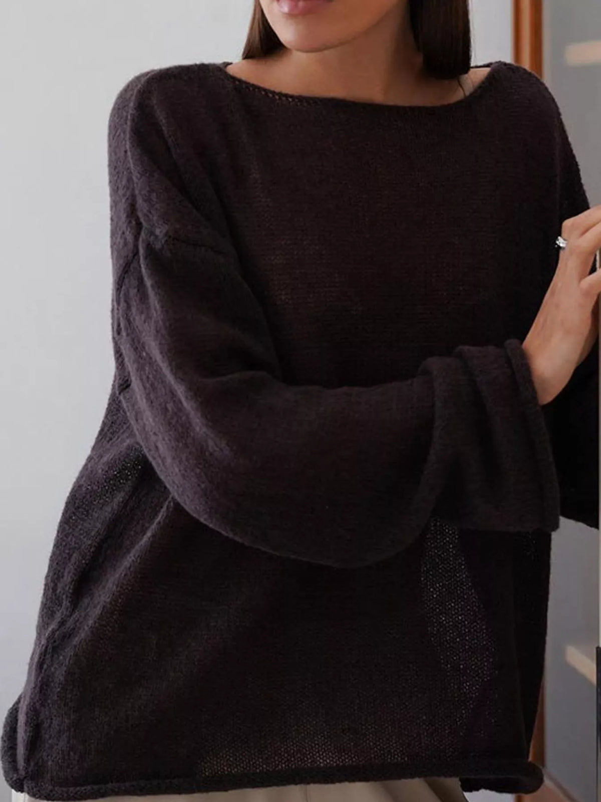 Lightweight Dropped Shoulder Knit Cover Up - Brown - View 5