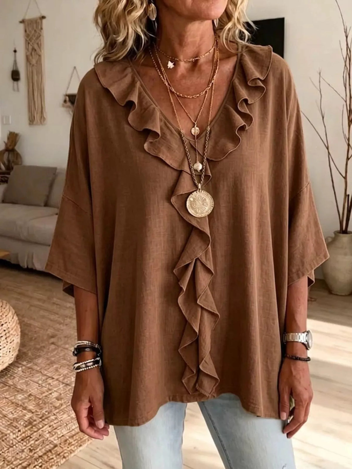 Full Size Ruffle V-Neck 3/4 Sleeve Blouse Plus Size - Brown - View 7