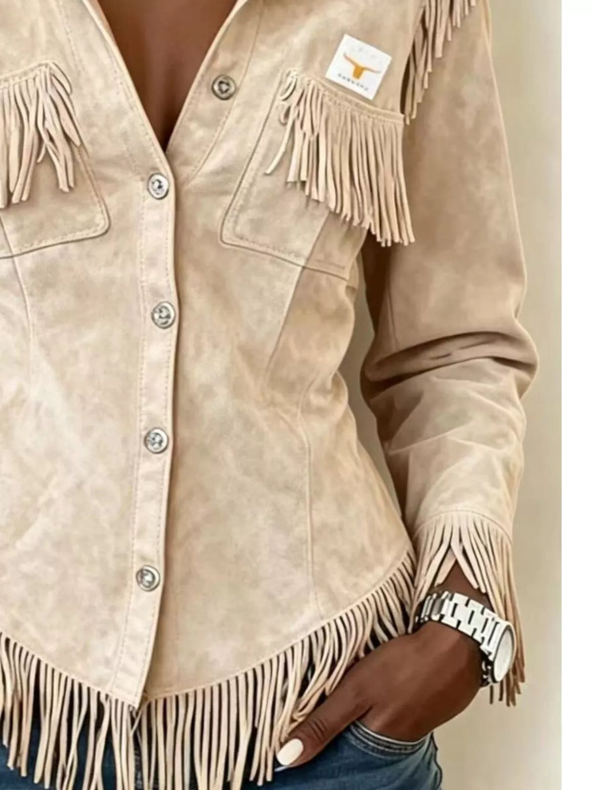 Full Size Fringed Snap Down Jacket Plus Size - Beige - View 3