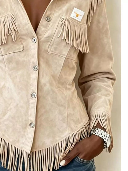 Full Size Fringed Snap Down Jacket Plus Size - Beige - View 3