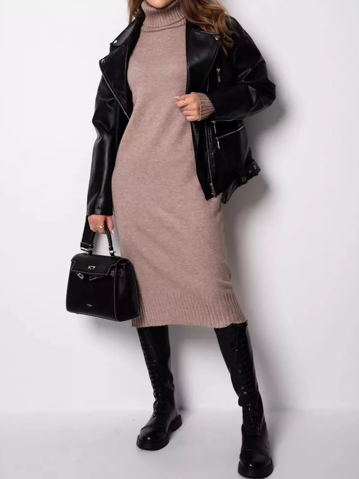 Turtleneck Ribbed Knit Sweater Dress - Camel - View 18