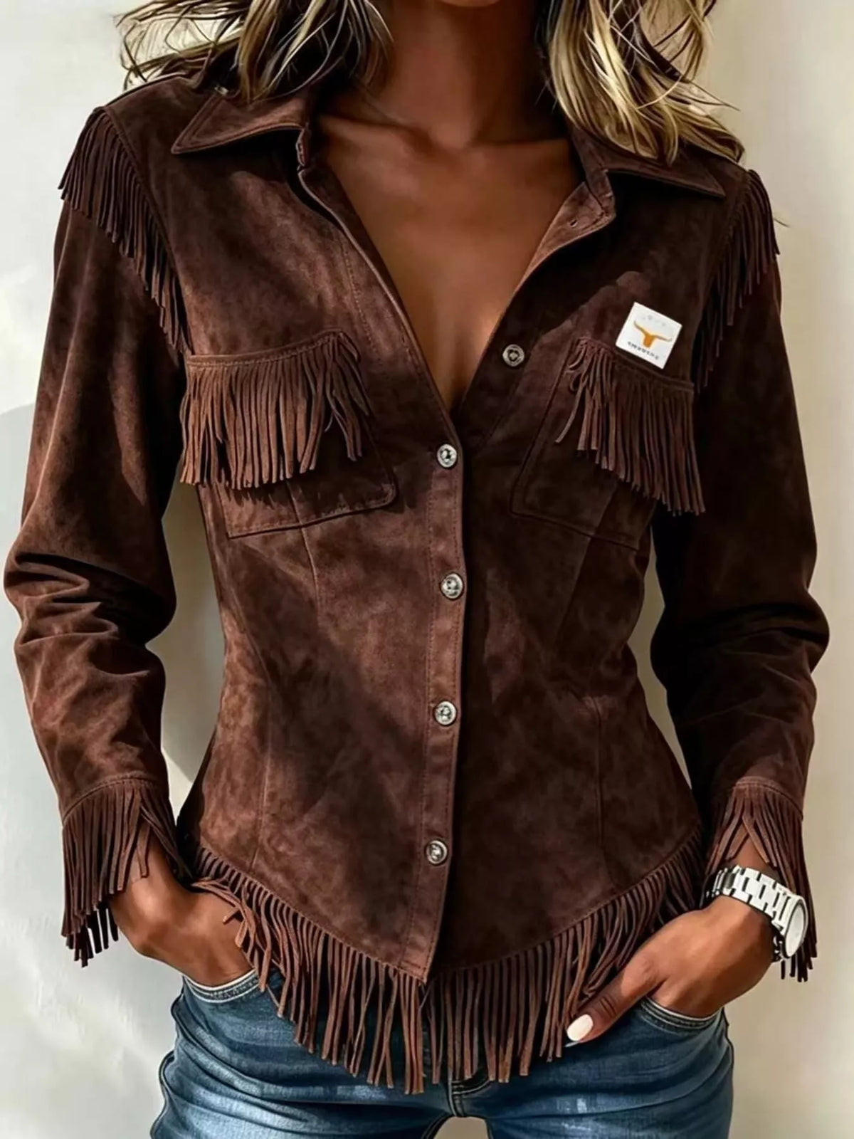 Full Size Fringed Snap Down Jacket Plus Size - Dark Brown - View 1