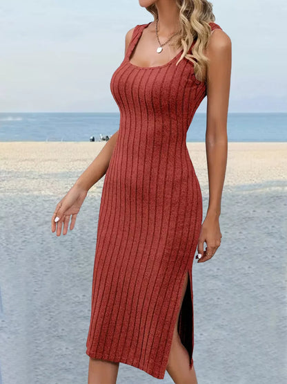 Slit Sleeveless Scoop Neck Dress - Orange Red - View 5