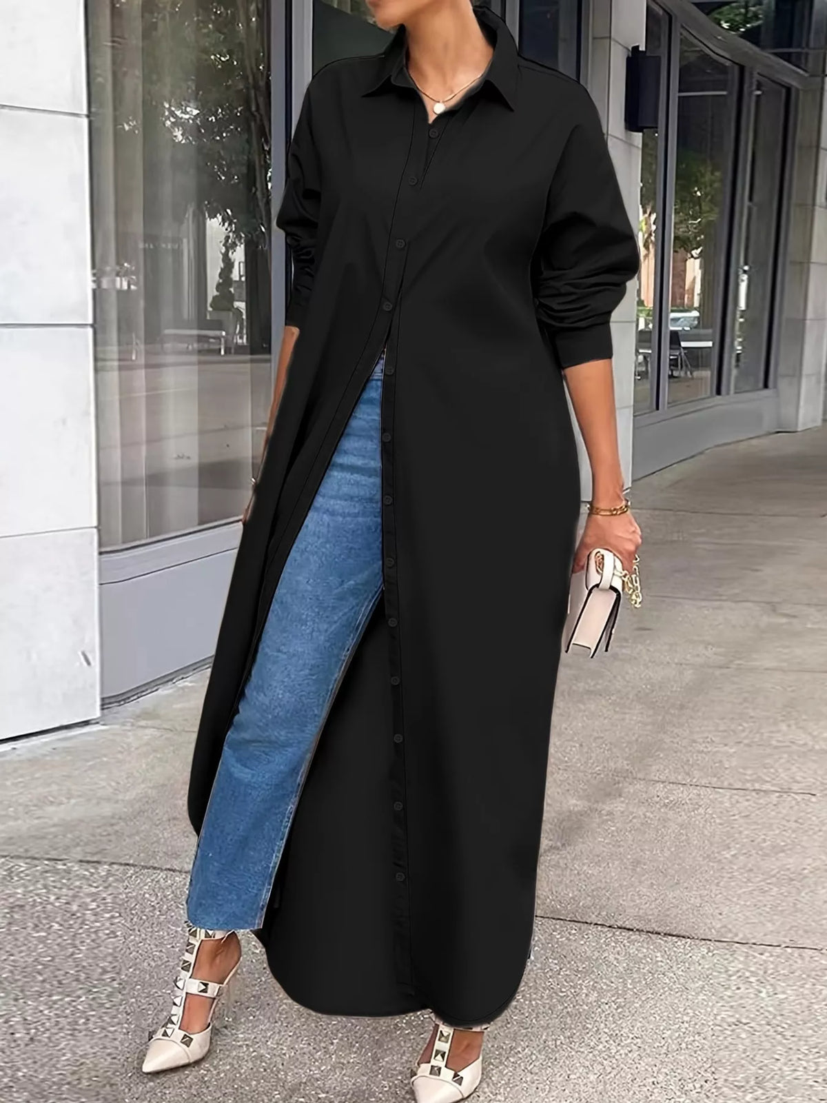 Plus Size Longline Button-Down Shirt - Black - View 9