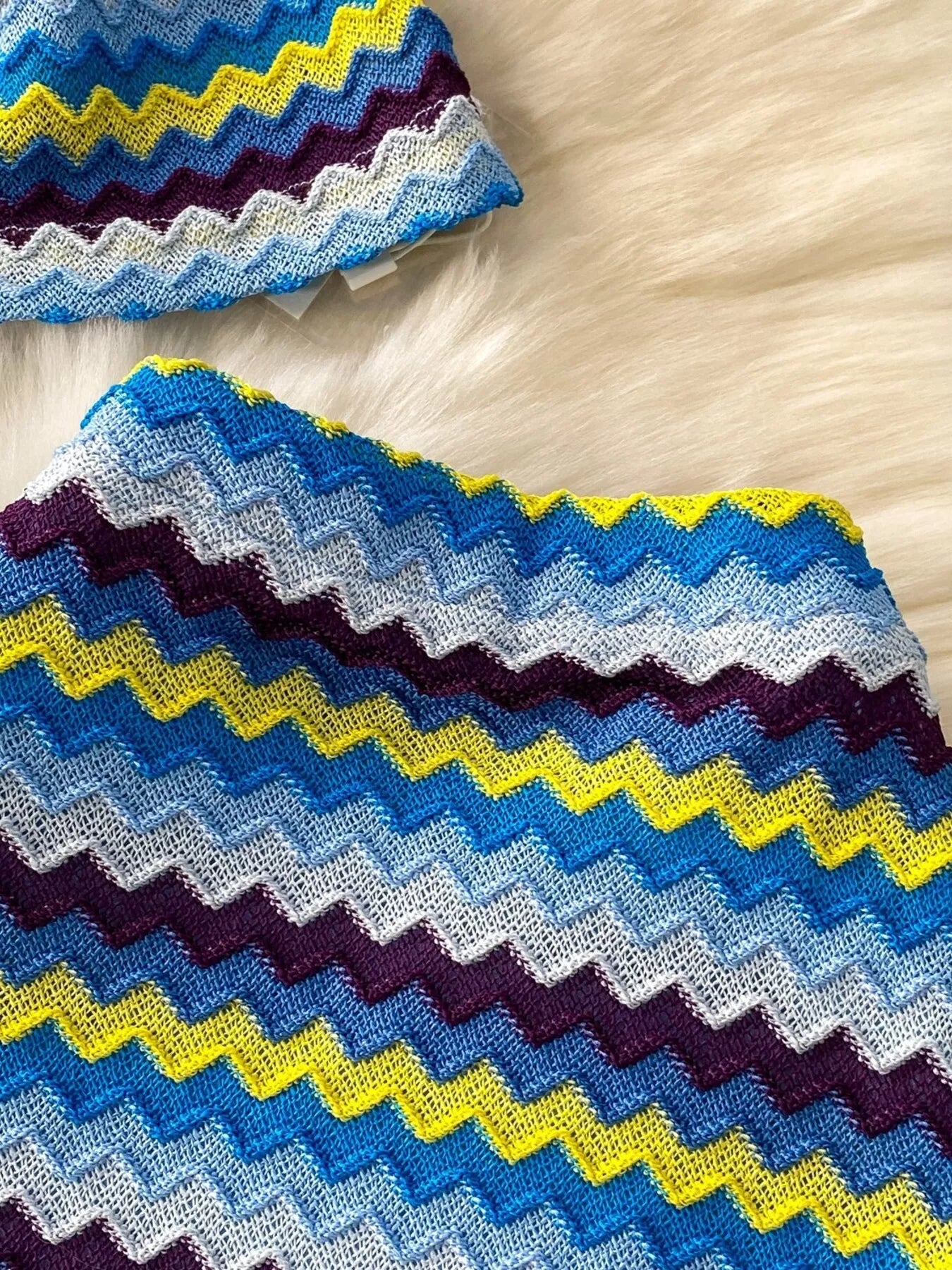 Striped Knitted Halter Top and Maxi Skirt Set - Cerulean - Knit and Waistband Detail View