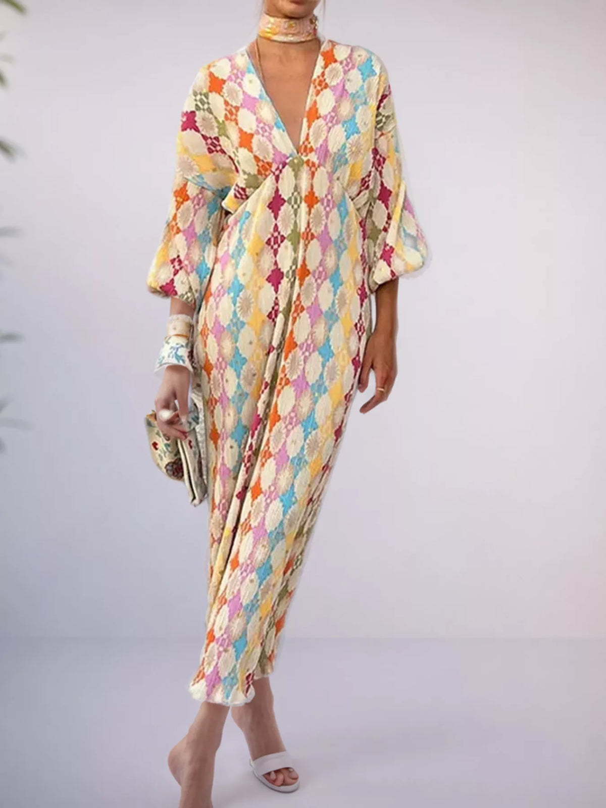Full Size V-Neck Multi-Color Geometric Print Maxi Dress Plus Size - Multicolor - View 1