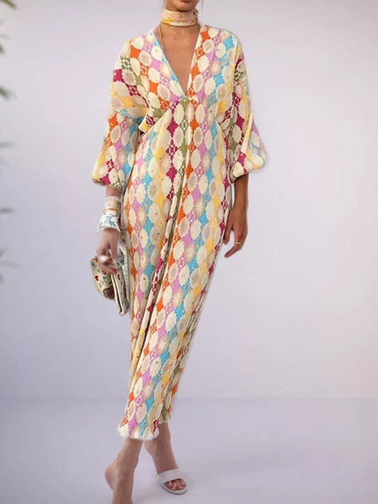Full Size V-Neck Multi-Color Geometric Print Maxi Dress Plus Size - Multicolor - View 1
