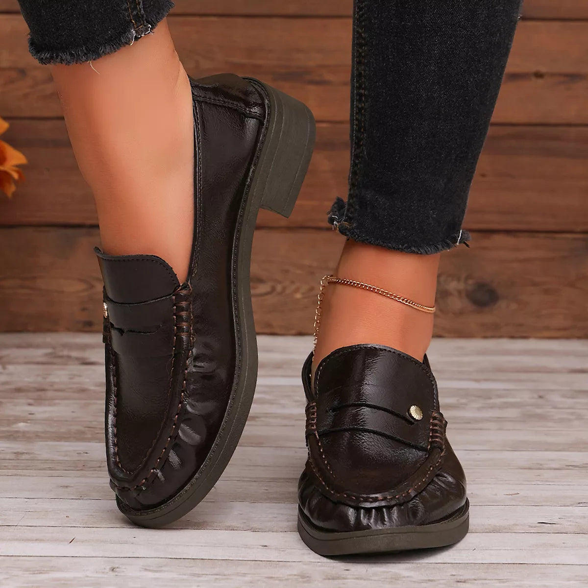 Round Toe Block Heels Loafers - Brown - View 5