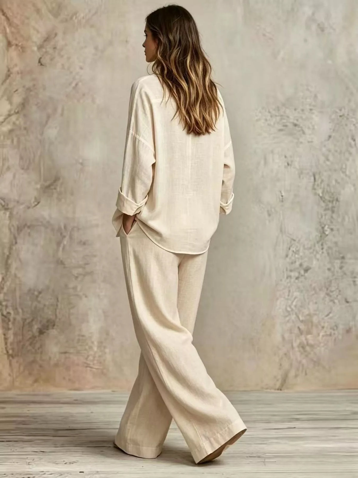 Full Size Button-Down Shirt and Wide-Leg Pants Set Plus Size - Beige - View 3