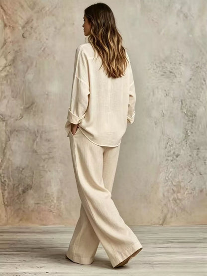 Full Size Button-Down Shirt and Wide-Leg Pants Set Plus Size - Beige - View 3