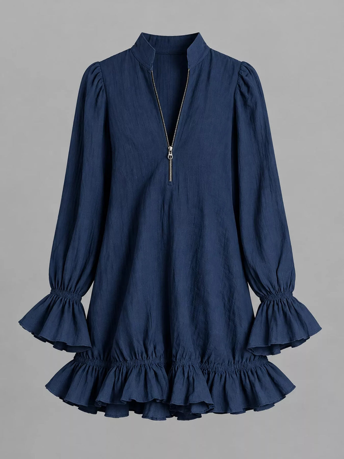Zipper-Front Ruffle Hem Mini Dress - Navy - View 19