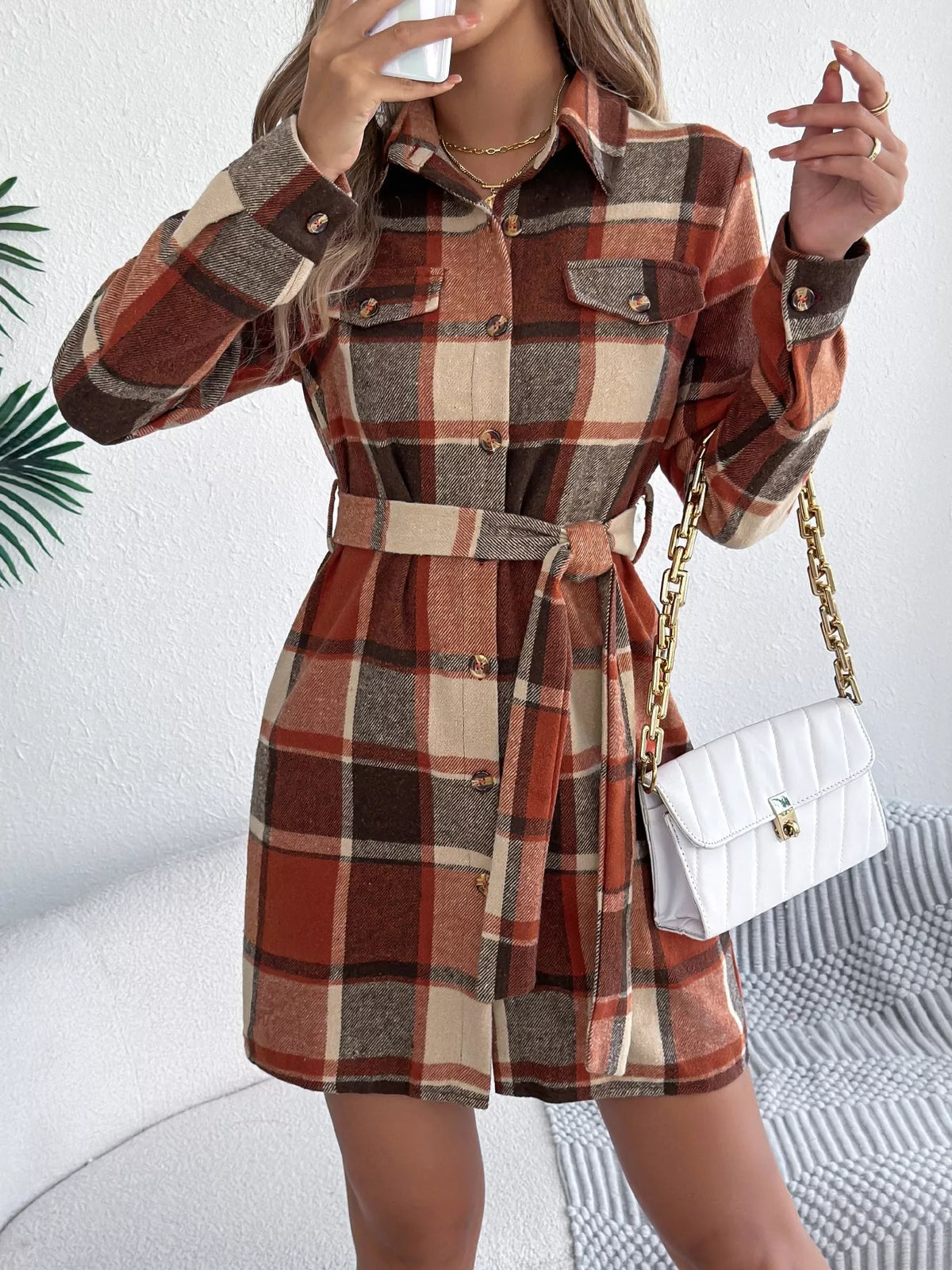 Plaid Button Front Tie Waist Shirt Dress - Orange - View 17