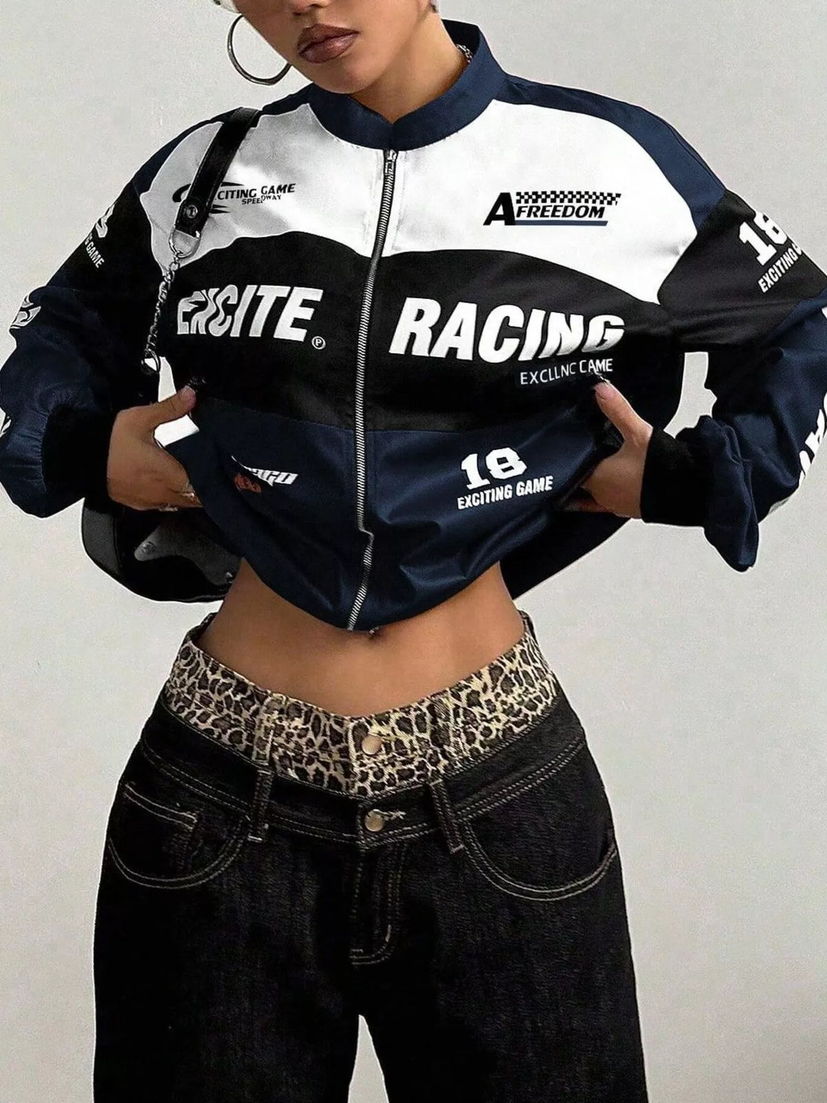 Letter Print Zip Up Jacket - Navy Blue - View 4