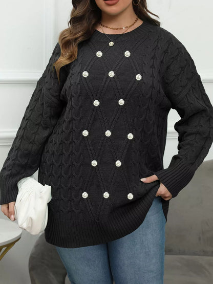 Plus Size Cable Knit Dropped Shoulder Sweater - Red - View 4
