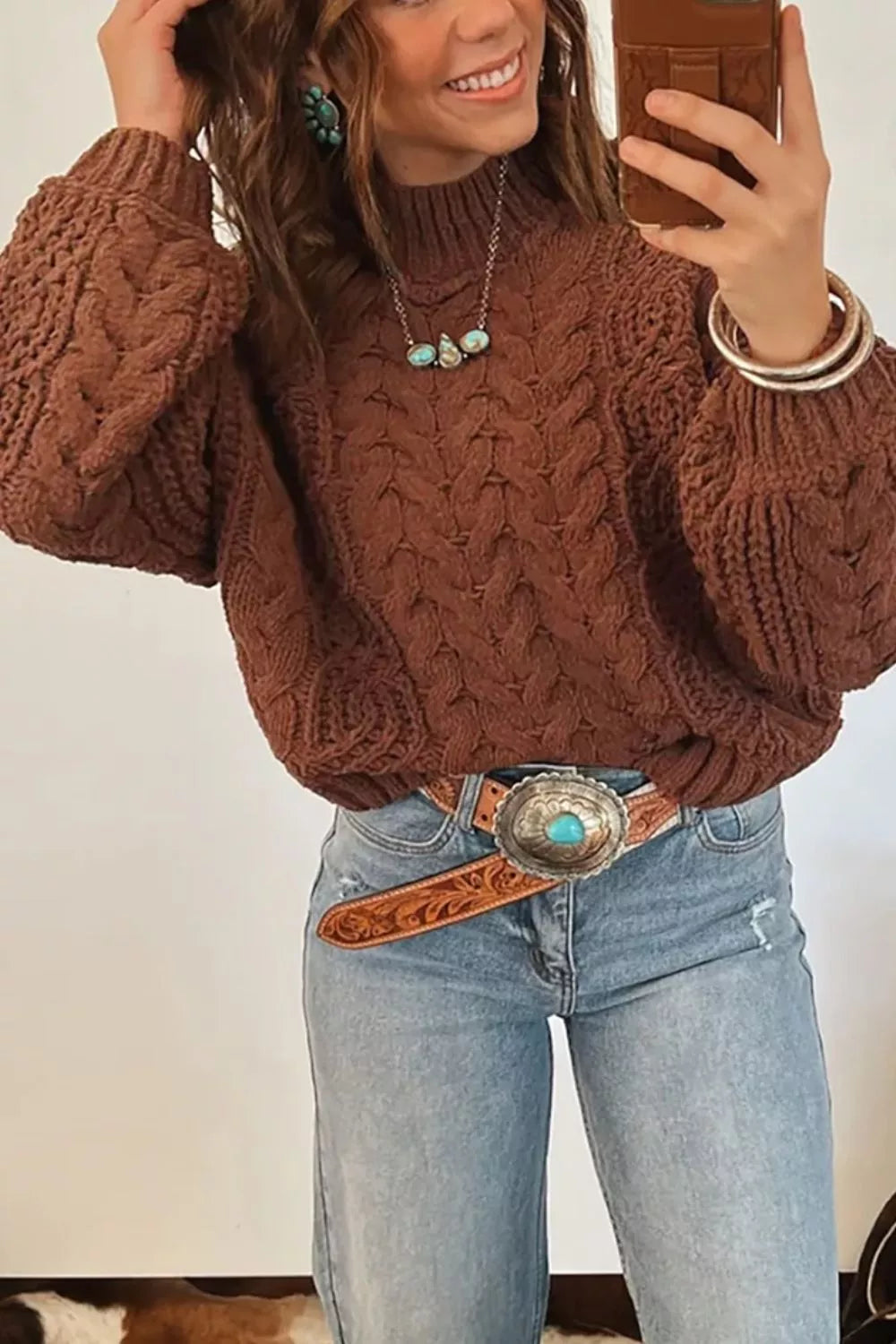 Mock Neck Cable Knit Sweater - Brown - View 1