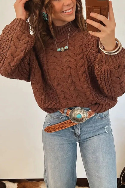 Mock Neck Cable Knit Sweater - Brown - View 1