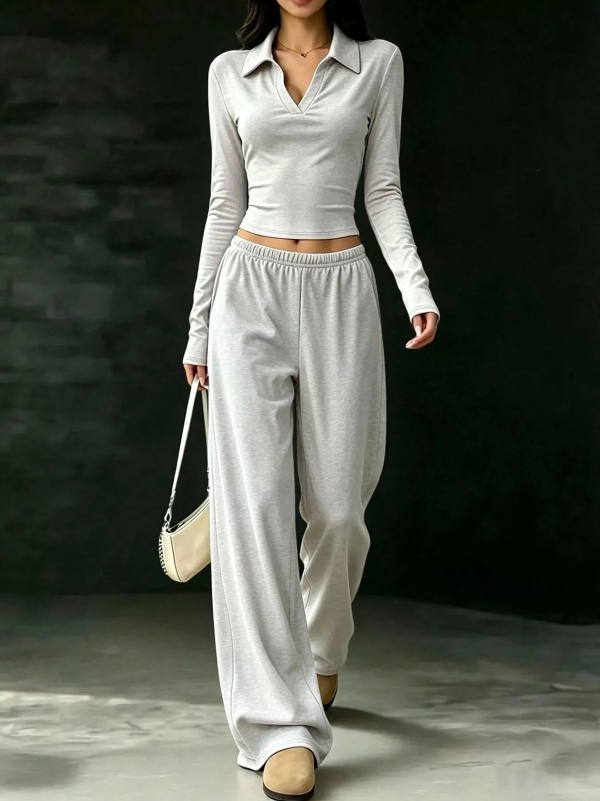 Solid Color Long Sleeve Polo Collar Top and Wide Leg Pants Set - Light Gray - View 1