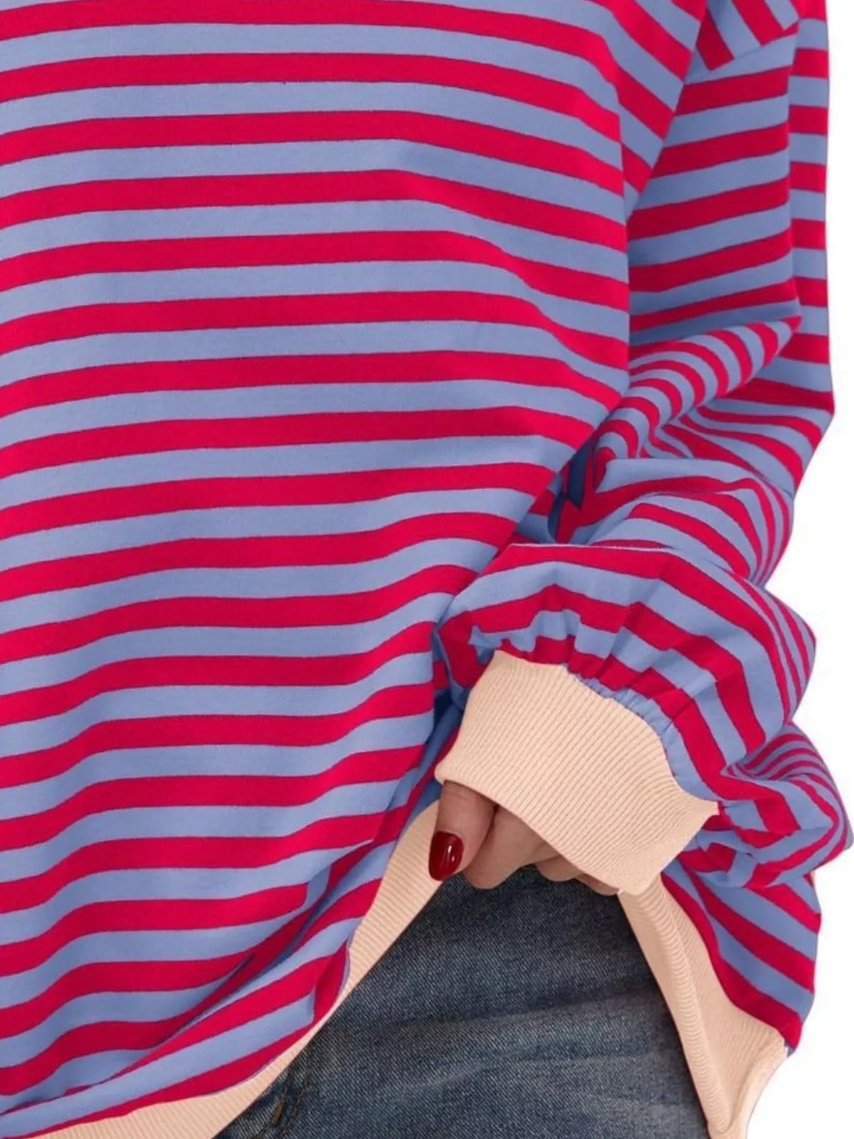 Striped Contrast Trim Oversized Sweatshirt - Purple Pink - View 2