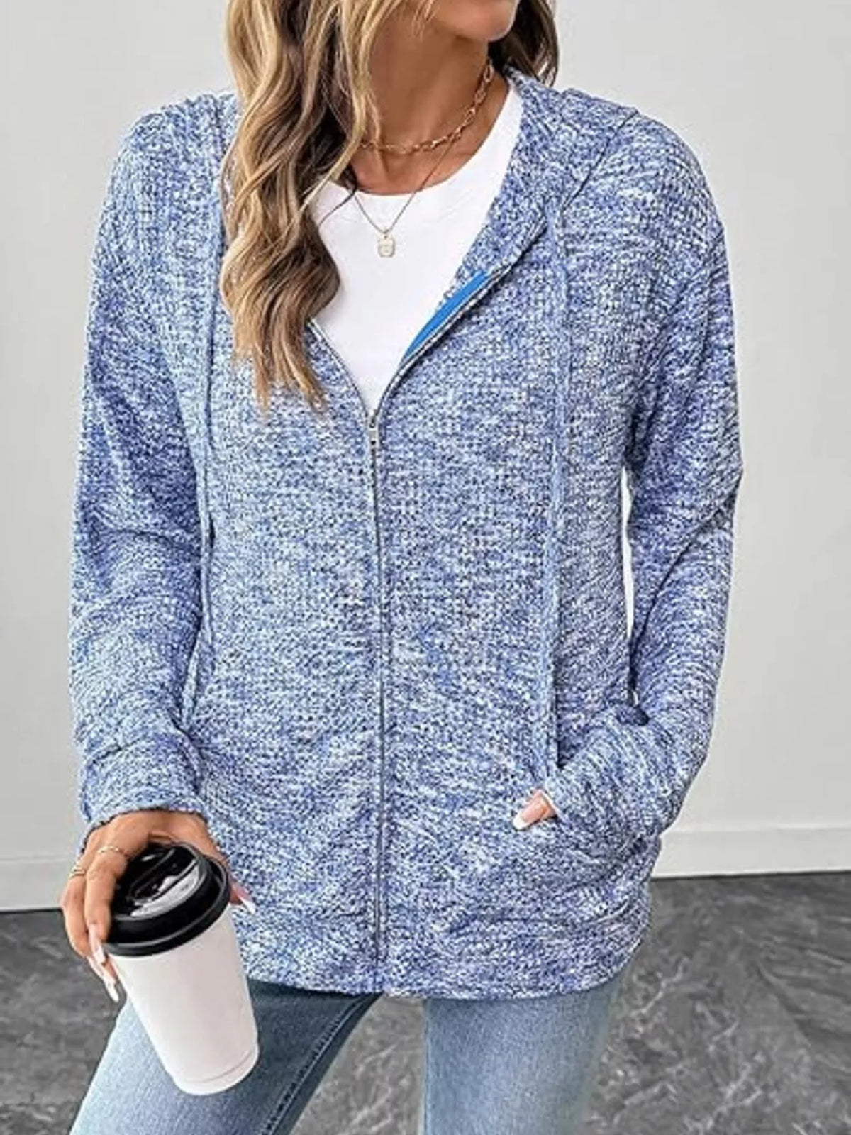 Zip-Up Drawstring Hooded Cardigan - Light Blue - View 2