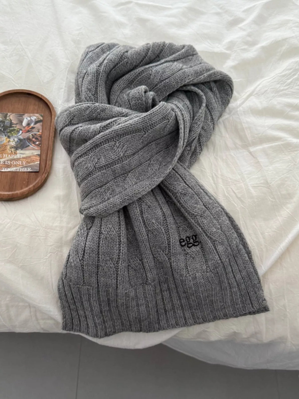 Ribbed Knitted Winter Scarf - Gray - View 6