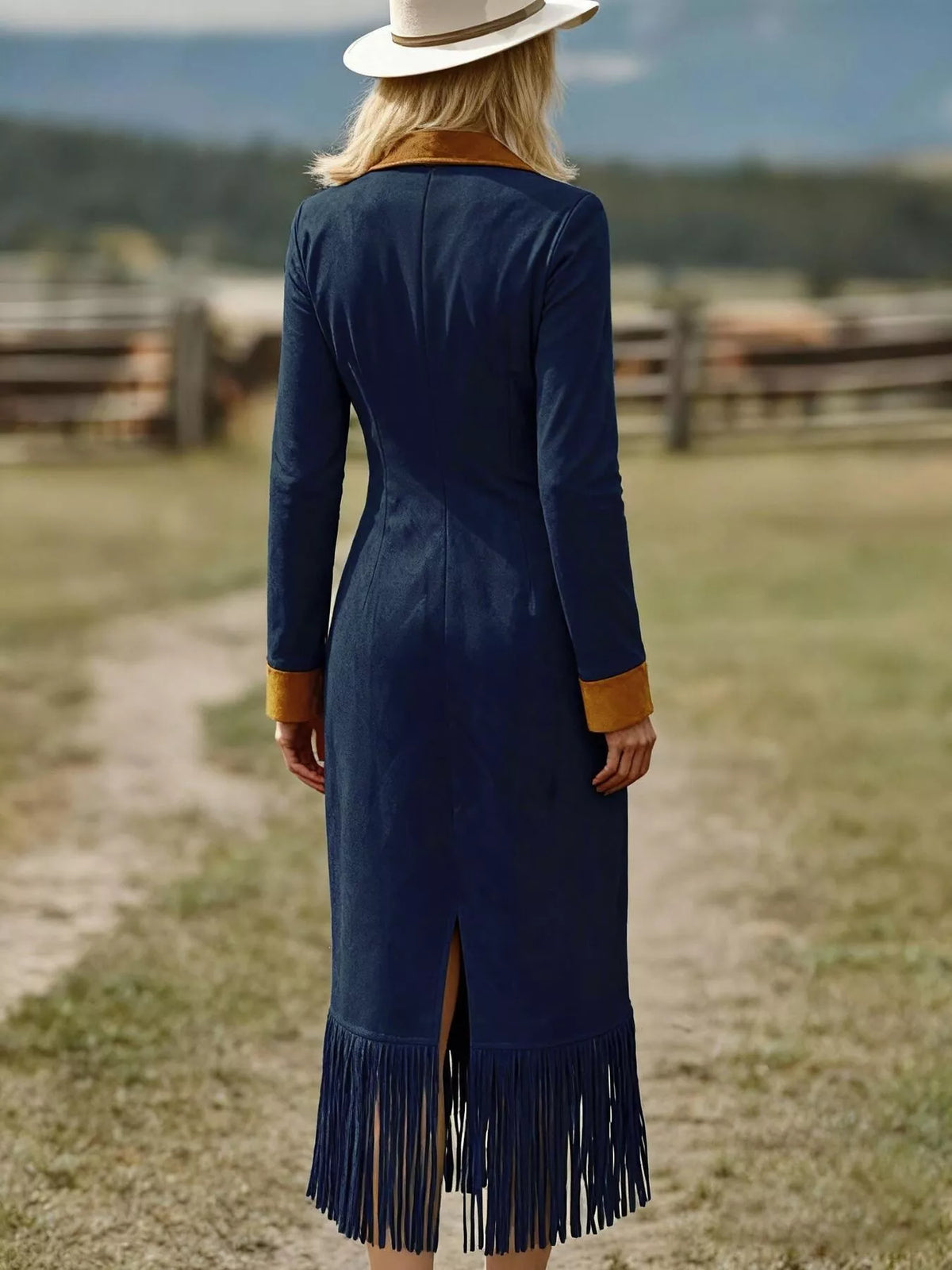 Full Size Fringe Hem Zip Front Midi Dress Plus Size - Navy Blue - View 2