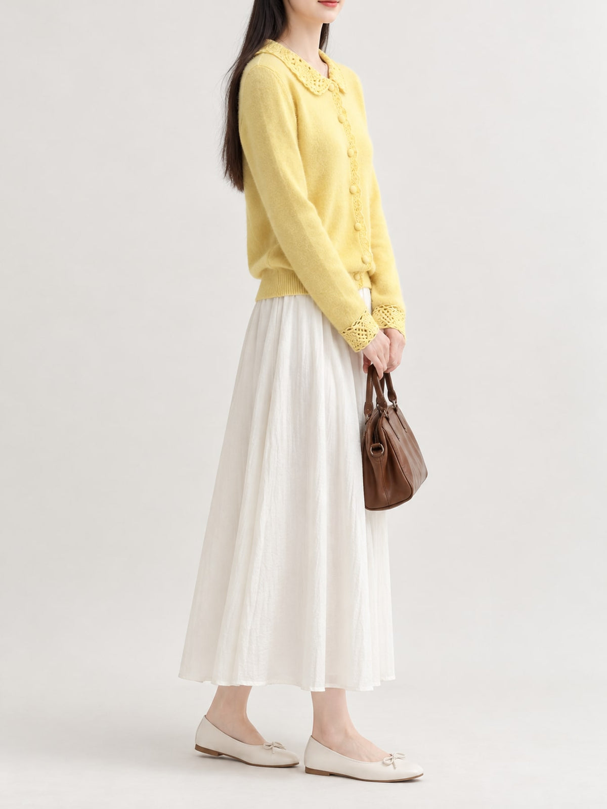 Lace-Collar Button Down Knit Cardigan - Yellow - View 24