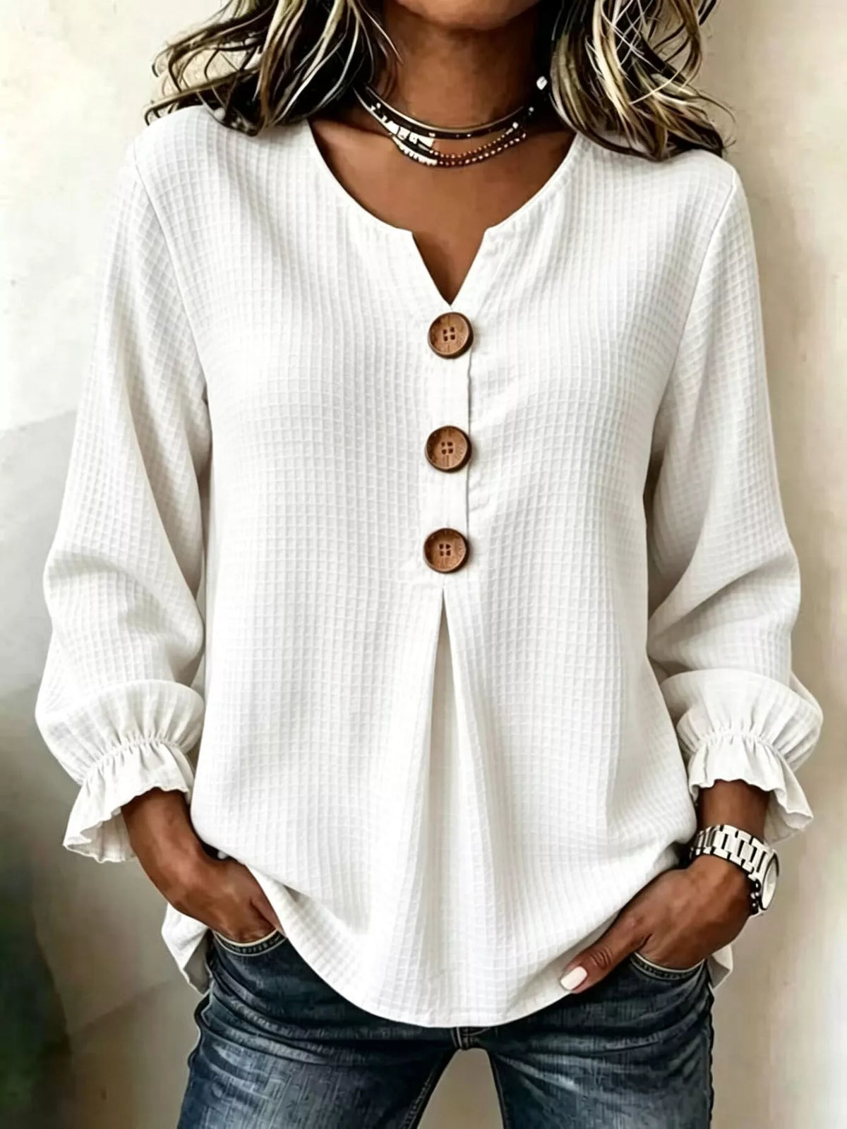 Waffle Knit Long Sleeve Top - White - View 15