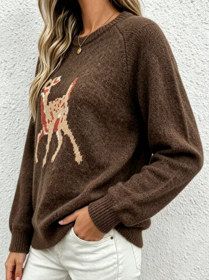 Deer Pattern Raglan Sleeve Sweater - Brown - View 5