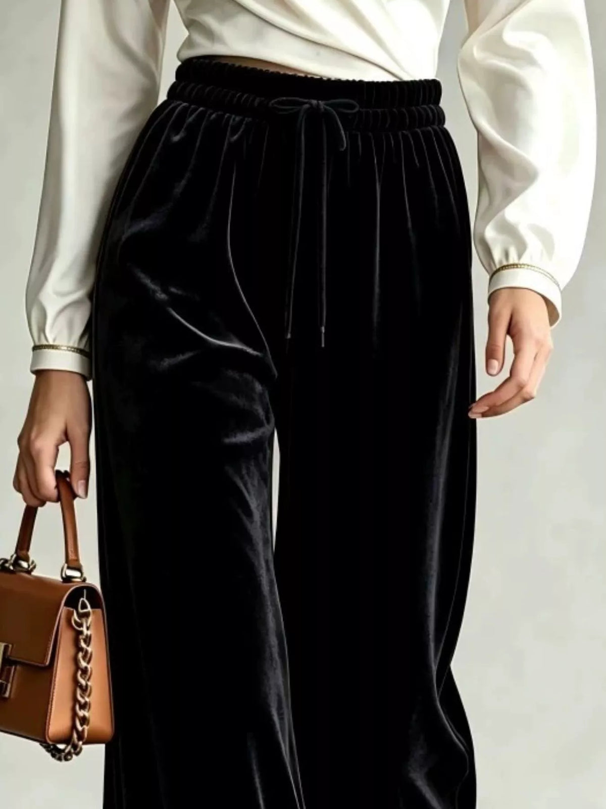 Velvet Wide-Leg Pants with Drawstring - Black - View 2