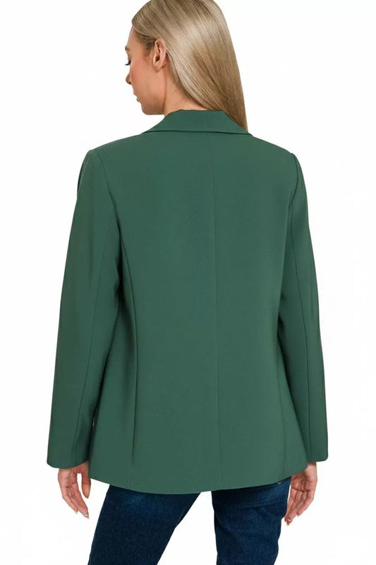 Zenana Woven Long Sleeve Blazer With Lining - HUNTER GREEN - View 2