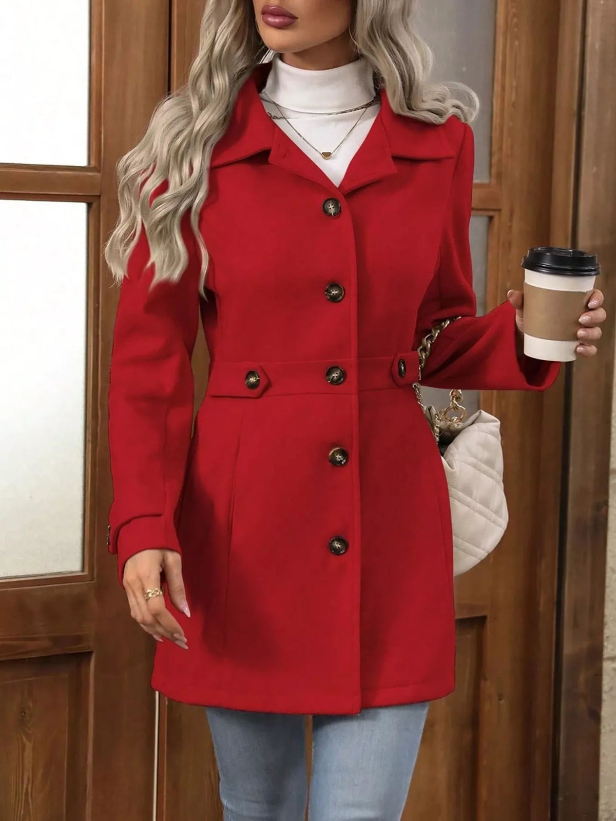 Single-Breasted Long Sleeve Coat - Red - View 2