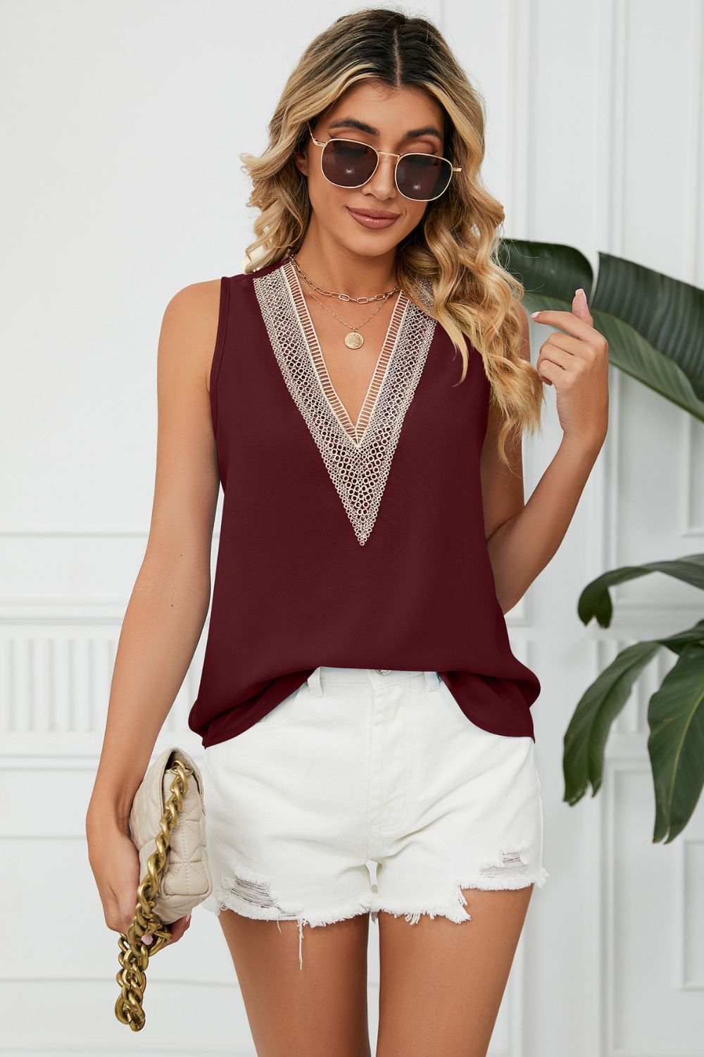 Contrast Trim Plunge Sleeveless Blouse - Wine - View 17