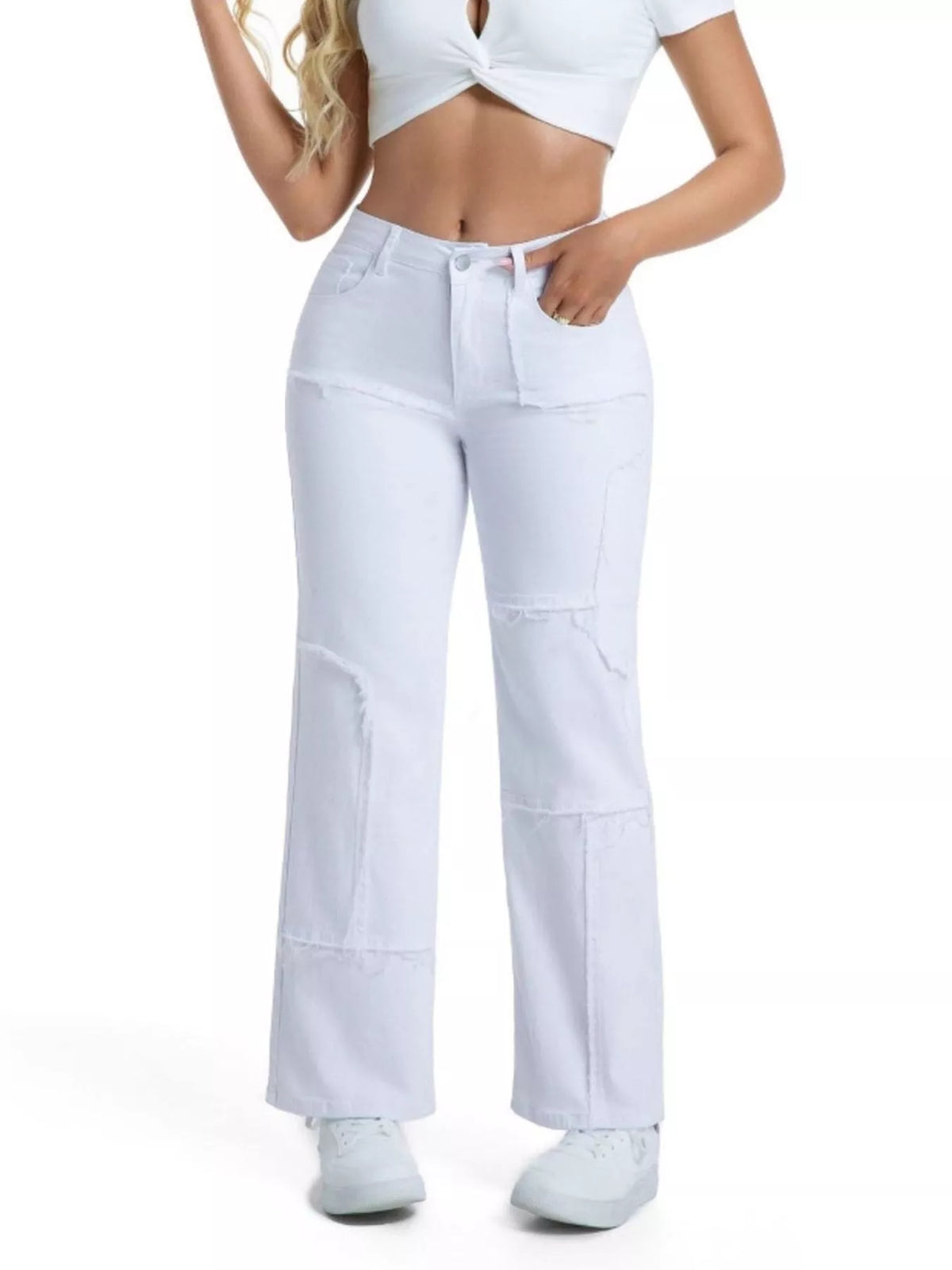 Frayed Edge Straight Leg Jeans - White - View 4