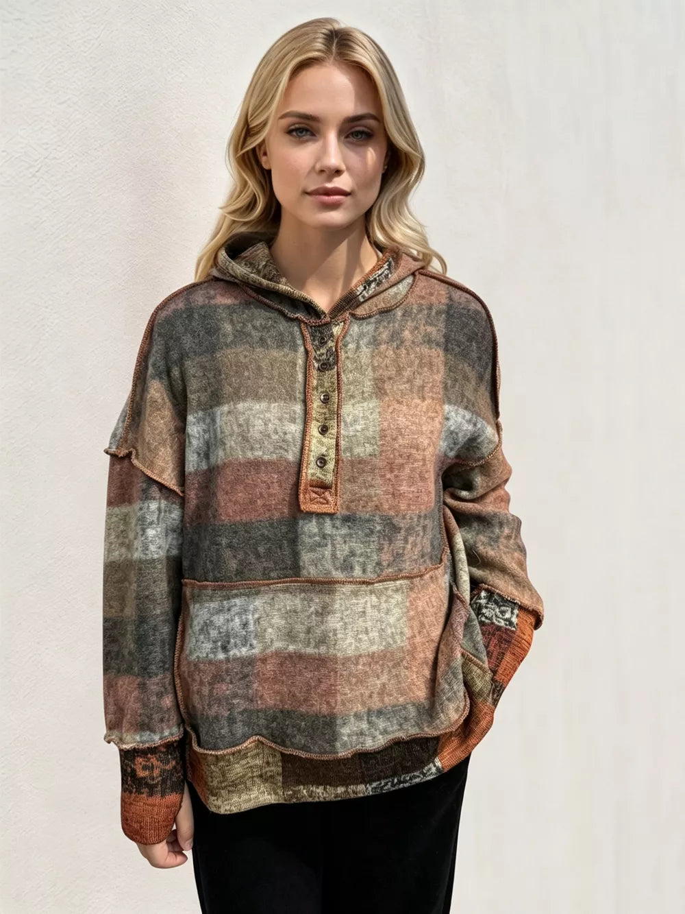 Double Take Full Size Plaid Dropped Shoulder Fleece Hoodie Plus Size - Tangerine - View 3
